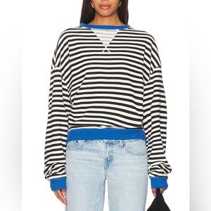 Free People Black and White Striped Sweatshirt with Blue Accents